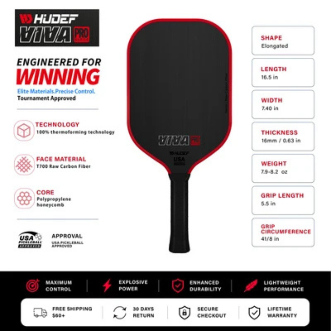 Hudef Viva Pro™ Gen 1 Elongated Pickleball Paddle (Carbon Fiber)